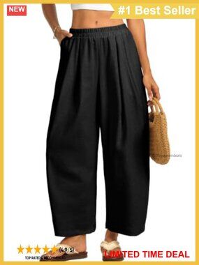 Linen Wide Leg Ankle Pants Smocked Waist Pockets